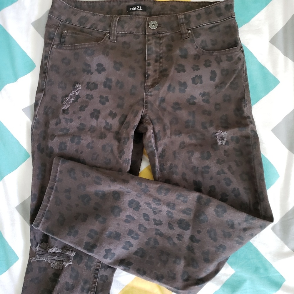 Distressed Leopard Print Jeans